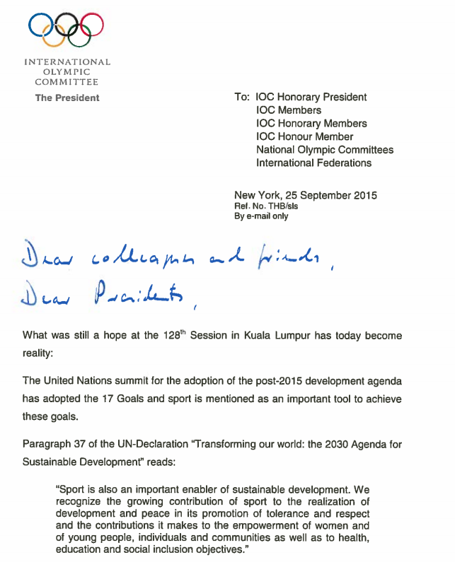 The first page of a letter sent by Thomas Bach to Olympic Movement stakeholders ©IOC