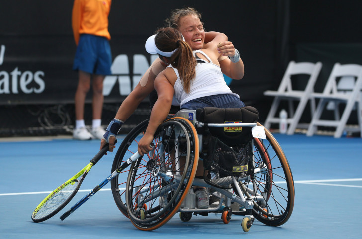 Marjolein Buis of the Netherlands, pictured celebrating her Australian Open doubles title win with Japan's Yui Kamiji earlier this year, combined with compatriot Aniek Van Koot to win the US Open title ©Getty Images  