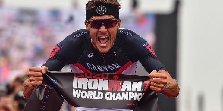 Germany's Jan Frodeo celebrates his second Ironman 70.3 world title win in South Africa ©ironman.com