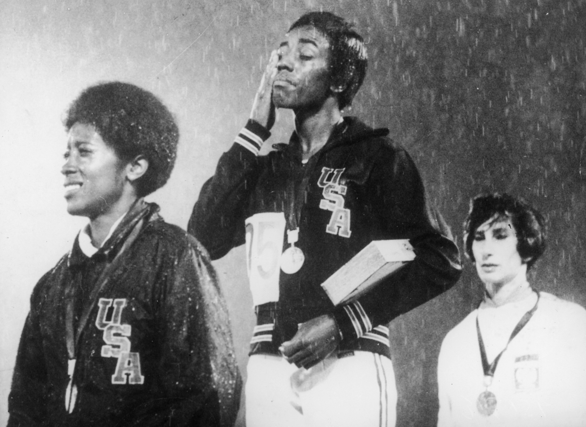 Wyomia Tyus, pictured at her rain-swept medal ceremony at the 1968 Mexico City Games, was the first athlete to retain the Olympic 100m title – but it could be argued that her crowning moment was still to come ©Getty Images