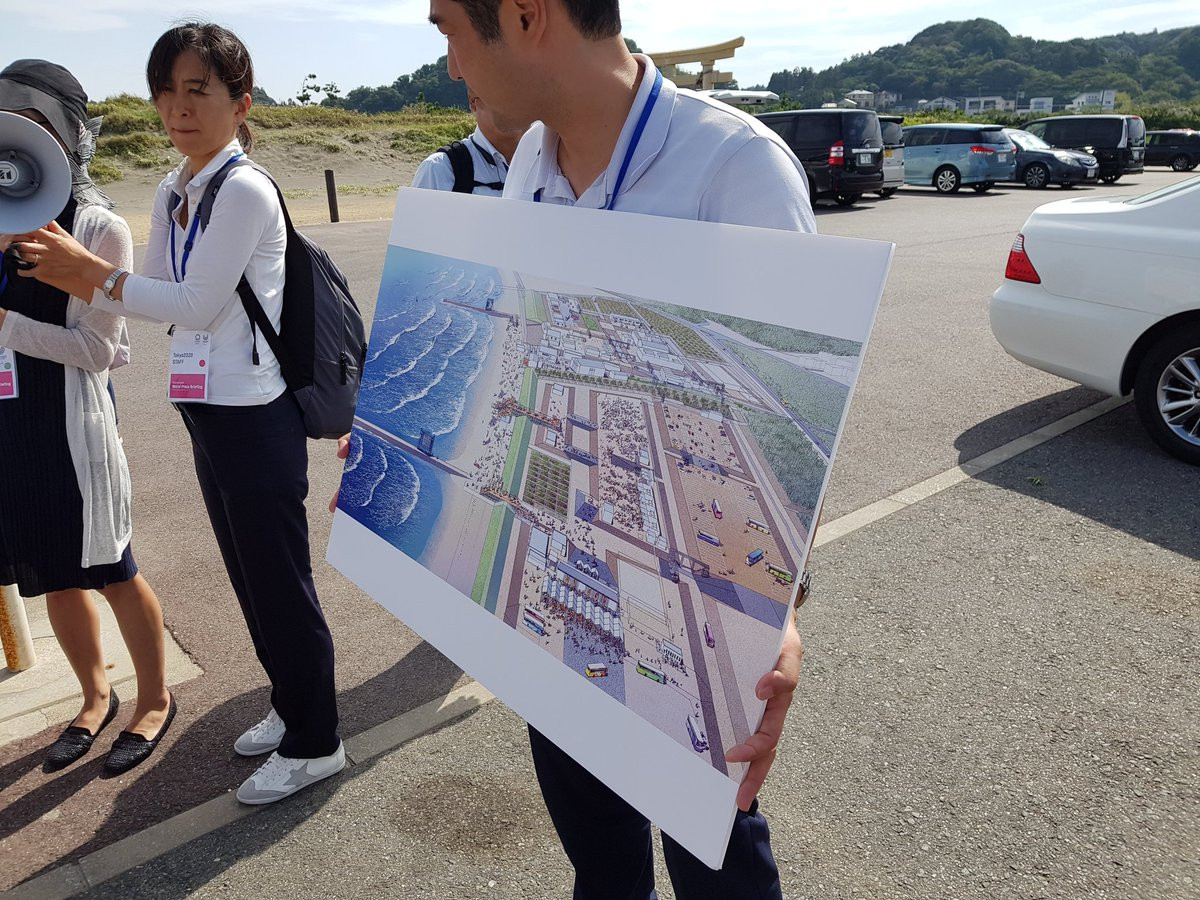 An artist's impression of how the Tsurigasaki Beach will look during Tokyo 2020 was provided as part of the venue tour ©ITG