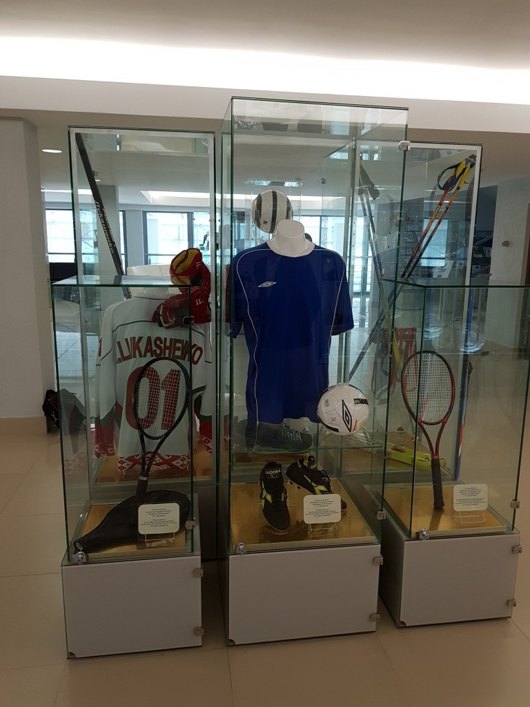 A display of President Alexander Lukashenko's sporting gear at the NOC Museum in Minsk ©ITG