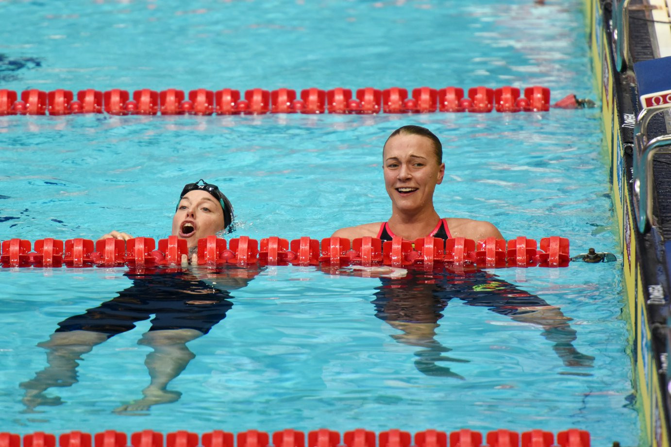 Sweden's defending overall World Cup champion Sarah Sjostrum, right, set a World Cup record in winning the 100m freestyle at Kazan in Russia today ©Getty Images  
