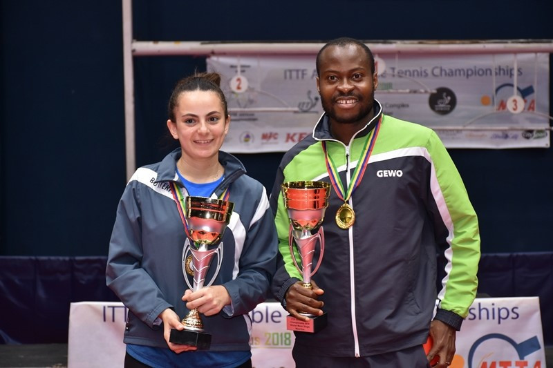 Nigeria's Quadri Aruna and Egypt's Dina Meshref won the men's and women's singles titles respectively in Port Louis ©ITTF