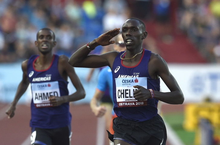 Paul Chelimo, of Team Americas and the US Army, salutes his victory in the gruelling 3,000m men's elimination race at the IAAF Continental Cup in Ostrava on Sunday ©Getty Images  