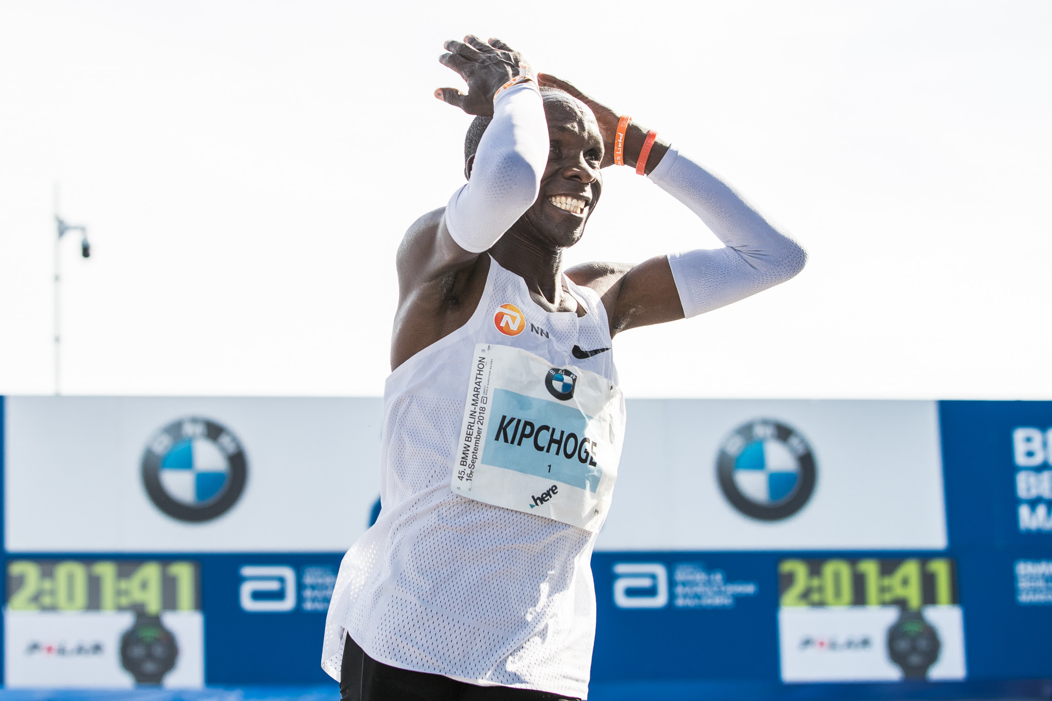 Kenya's Eliud Kipchoge celebrates after taking 1min 18sec off the world marathon record in Berlin today ©Getty Images  