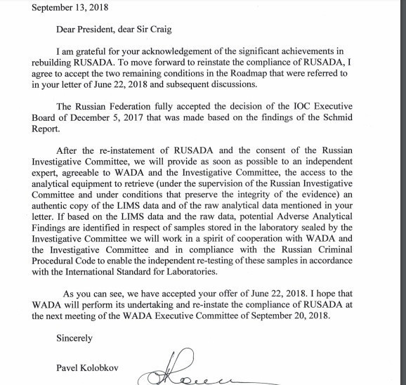 The letter from Russian Sports Minister Pavel Kolobkov, dated last week, set the chain of events into motion ©WADA