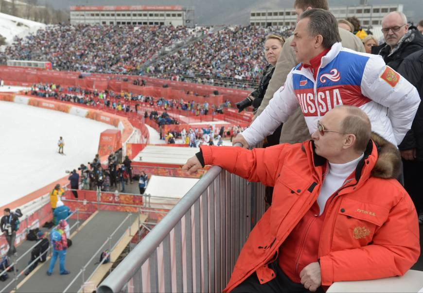 Russia's former Sports Minister Vitaly Mutko, standing, has been banned from the Olympic Games for life for his alleged role in his country's state-controlled doping regime ©Getty Images