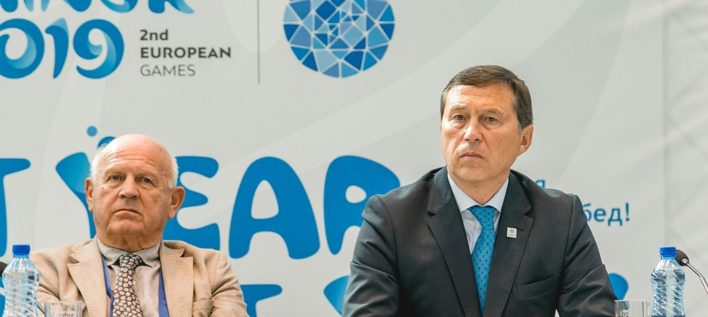 EOC President Janez Kocijančič, left, indicated earlier this year that the organisation would be open to multiple cities and countries working together to stage the 2023 European Games ©Minsk 2019