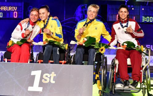 Ukraine’s Nataliia Morkvych, second left, won a third consecutive women's sabre A gold at the IWAS Wheelchair Fencing European Championships ©Twitter