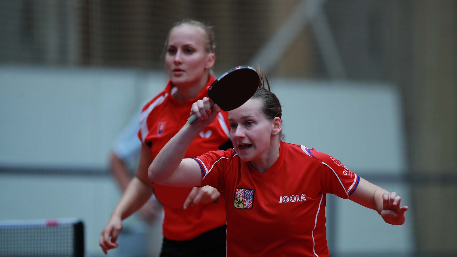 Barbora Balážová from Slovakia and Hana Matelová from the Czech Republic, the fourth seeds, lost in what was the only upset of the day in the women's doubles at the ITTF European Championships ©ITTF