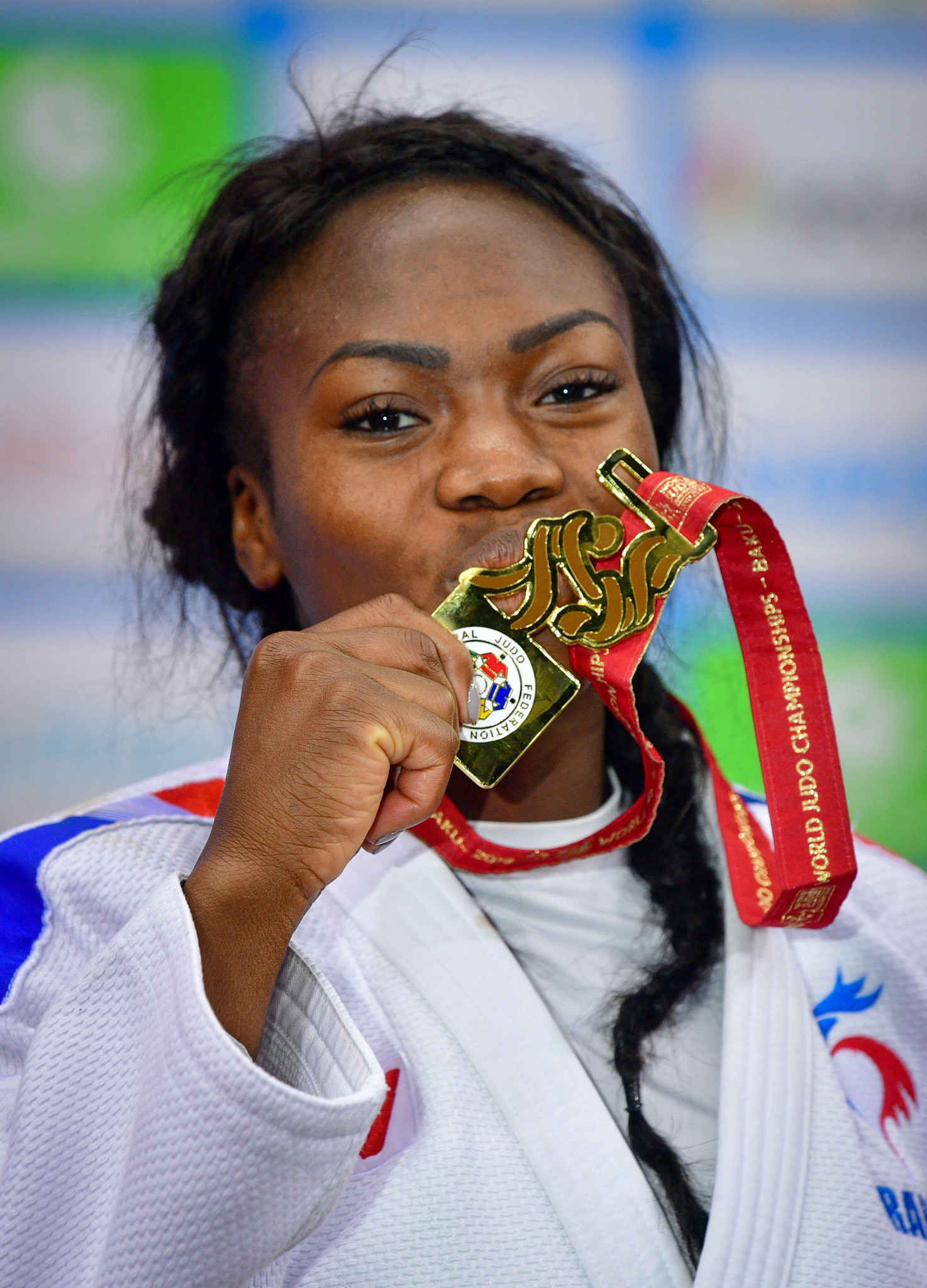 Clarisse Agbegnenou of France celebrates her third gold medal at the World Championships ©Getty Images