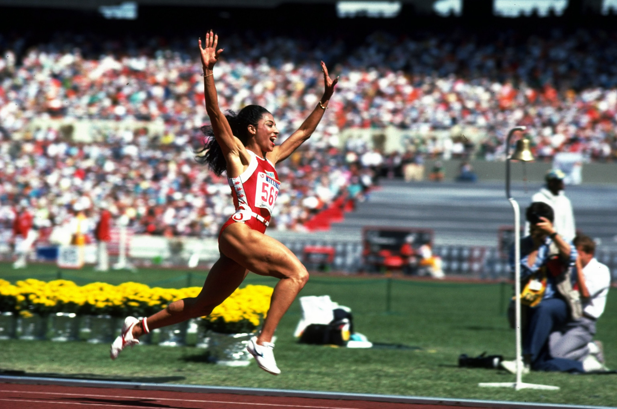 Florence Griffith Joyner won three gold medals at Seoul 1988, including the 100m and 200m, the latter in a world record that still stands today, but her performances are viewed with suspicion ©Getty Images