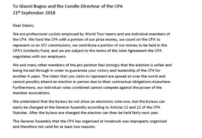 The letter to CPA President Gianni Bugno claims this week's election is not valid due to breaches of statutes ©CPA