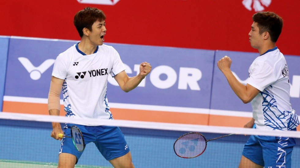 Lee Yong Dae and Kim Gi Jung celebrate winning in the first round of the Korea Open in Seoul ©BWF