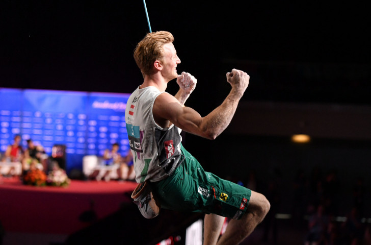 Jakob Schubert of Austria, pictured celebrating his world combined title win in Innsbruck earlier this month, will seek to compound his lead in the Lead World Cup standings when the fifth of this season's IFSC events starts in Kranj tomorrow ©Getty Images  