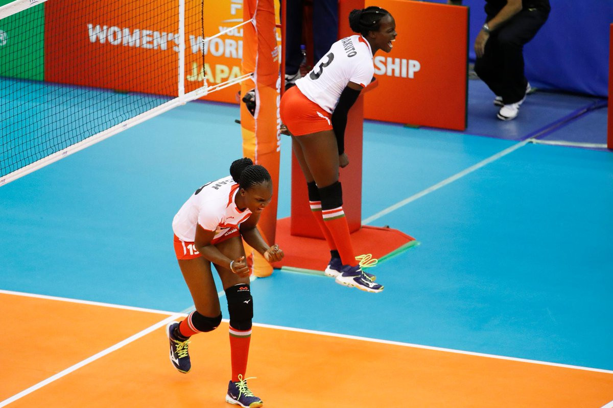 Kenya celebrate winning their opening match of the FIVB Women's World Volleyball Championships in Japan ©FIVB