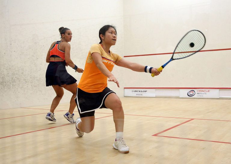 Hong Kong's unseeded Annie Au, right, beat France's world number five Camille Serme to reach the semi-finals of the PSA Oracle NetSuite Open in San Francisco ©PSA