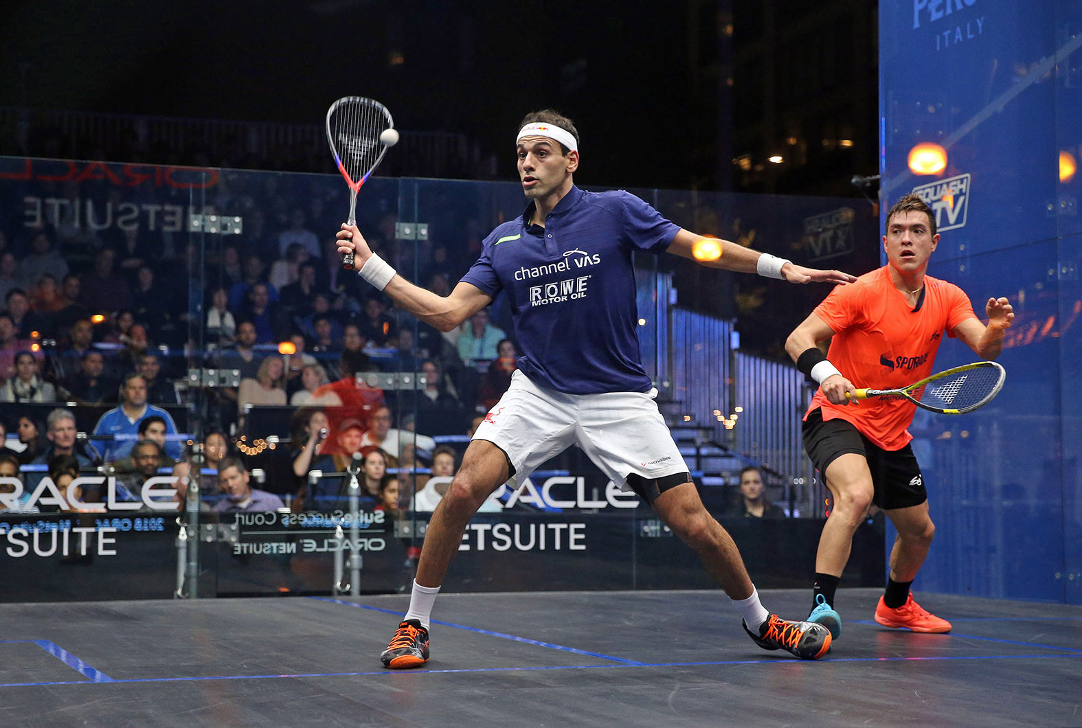 Defending champion Mohamed Elshorbagy, left, earned a semi-final place at the PSA Oracle NetSuite Open in San Francisco as he earned revenge for his British Open defeat by  Miguel Angel Rodriguez ©PSA