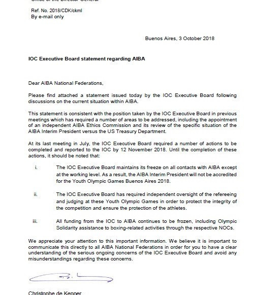 The letter from Christophe De Kepper was sent to AIBA yesterday ©ITG
