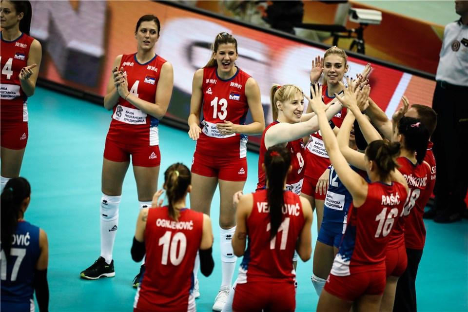 Serbia celebrate beating Germany at the FIVB Women's Volleyball World Championships ©Getty Images
