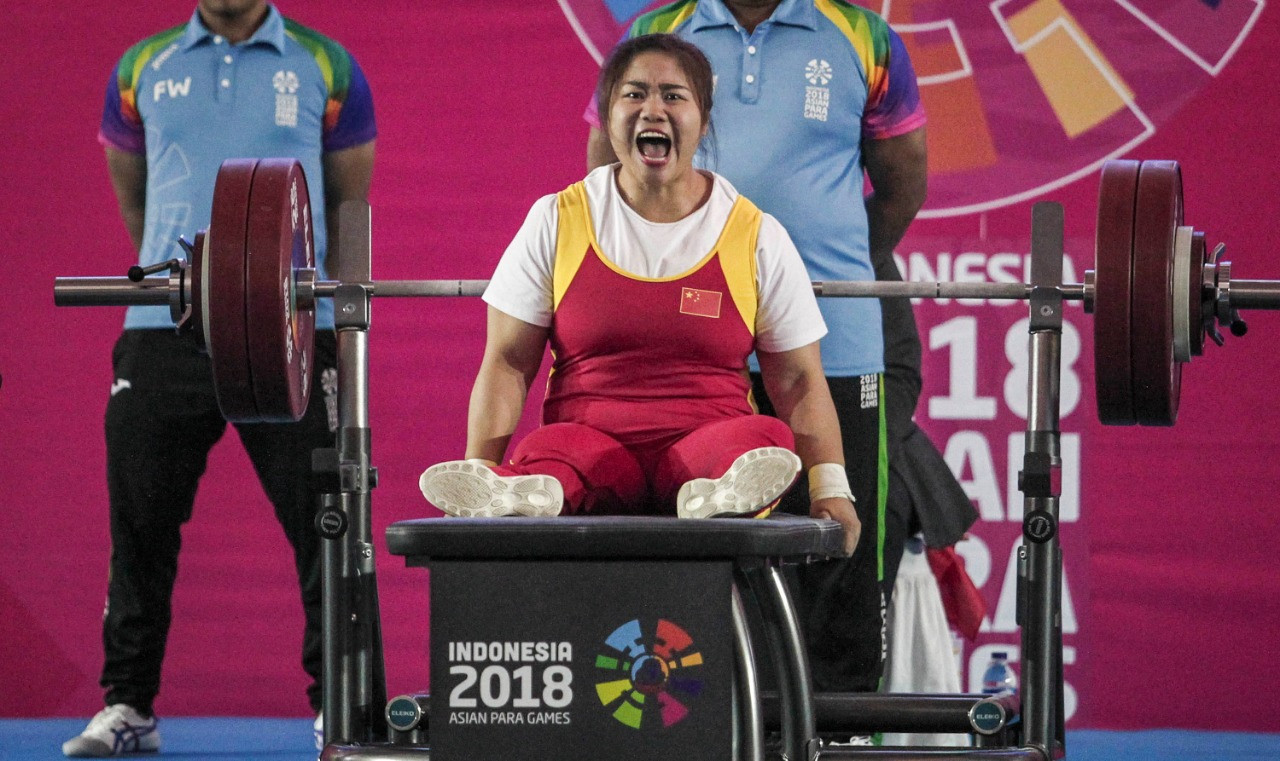 Tan Yujiao broke her own world record in the women's powerlifting, lifting 140kg ©Asian Para Games