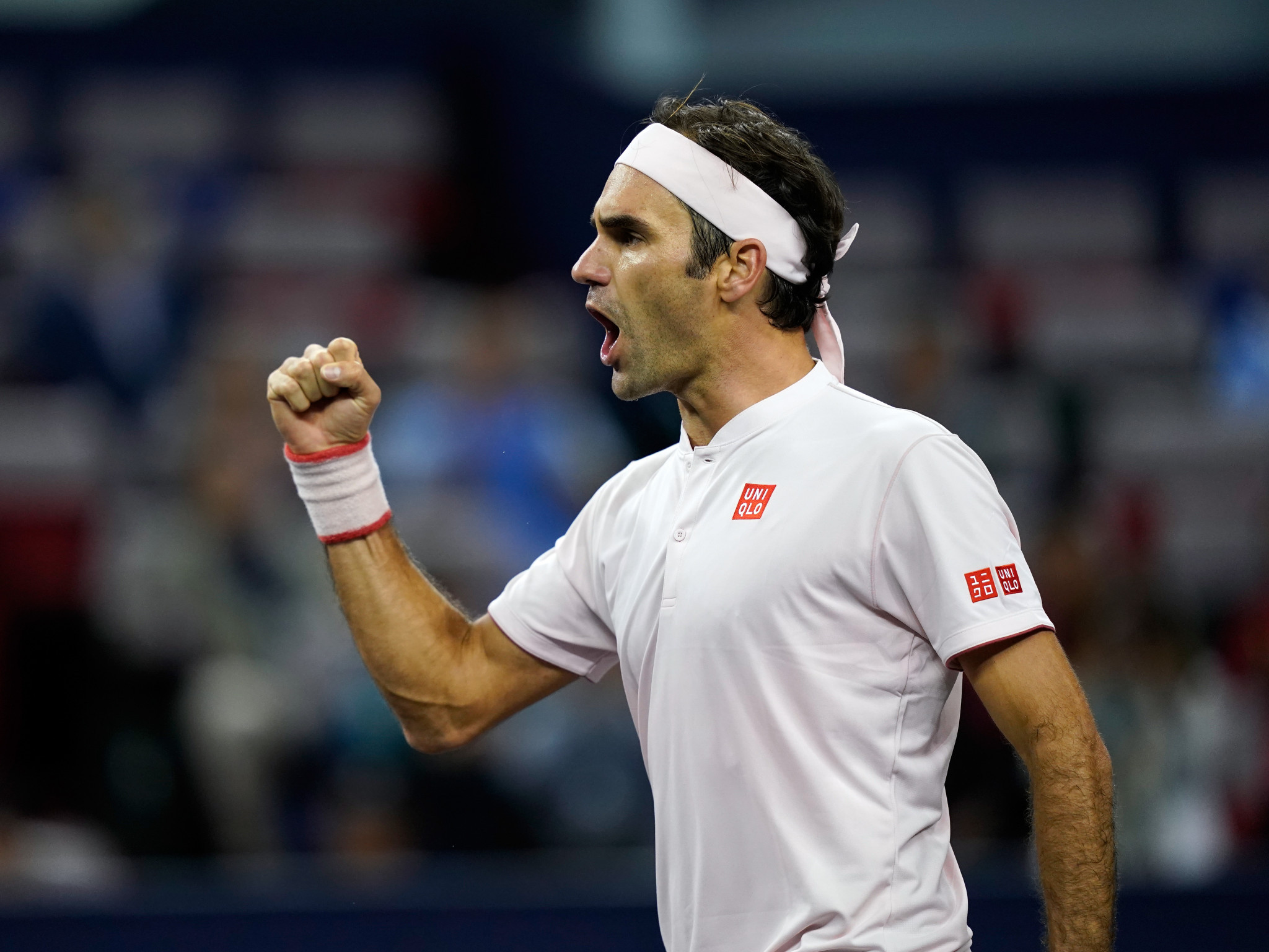 Roger Federer of Switzerland celebrates beating Russia's Daniil Medvedev at the Shanghai Masters, held at the Qizhong Forest Sports City Arena in China ©Getty Images 