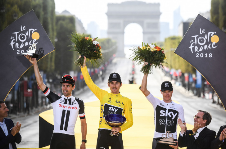 Team Sky's Geraint Thomas holds the now stolen Coupe Omnisports trophy after securing the Tour de France title in Paris on July 29 ©Getty Images  