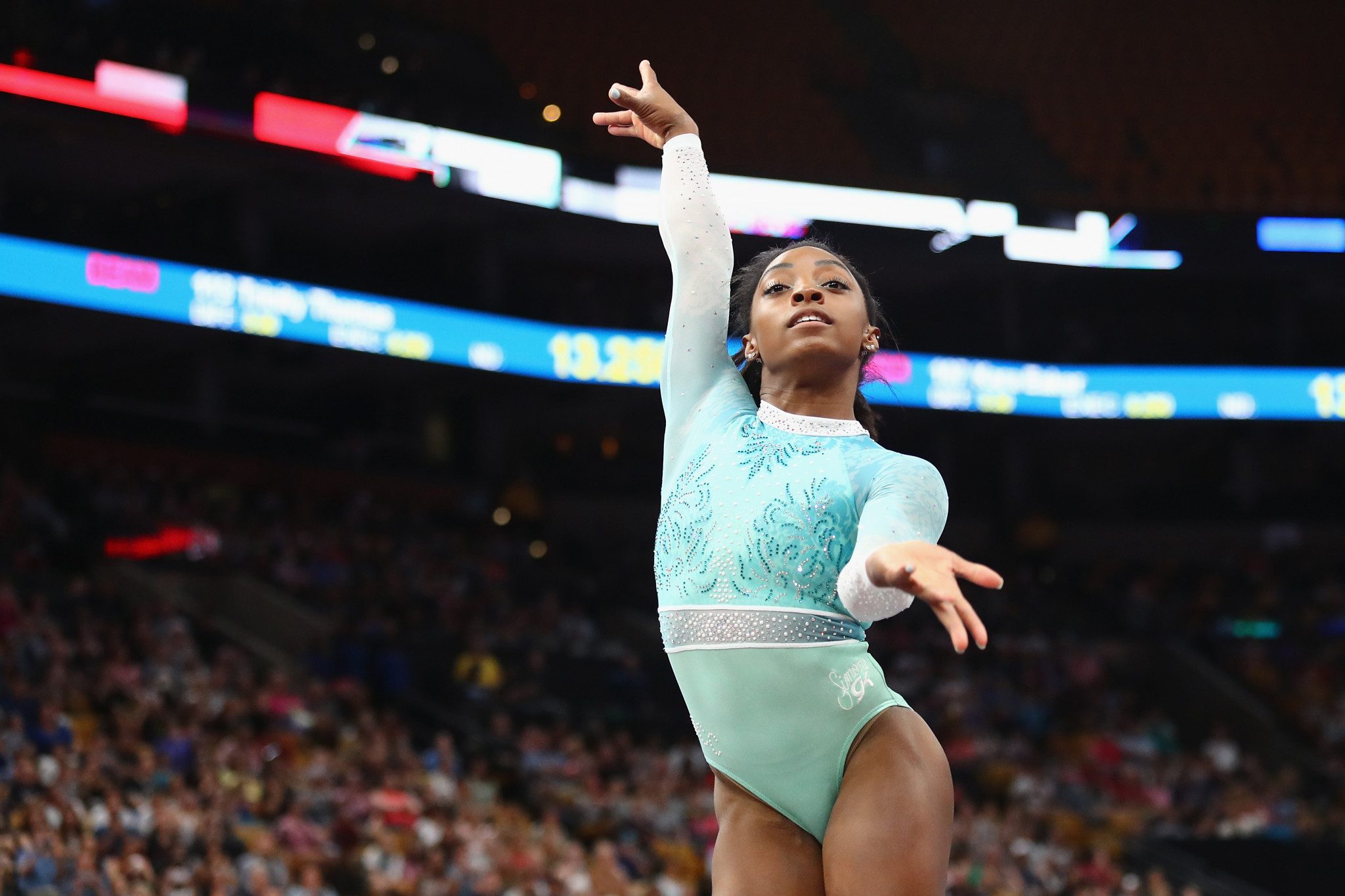Simone Biles wore a teal leotard while competing at the United States national gymnastics championships in support of other sexual abuse victims ©Getty Images