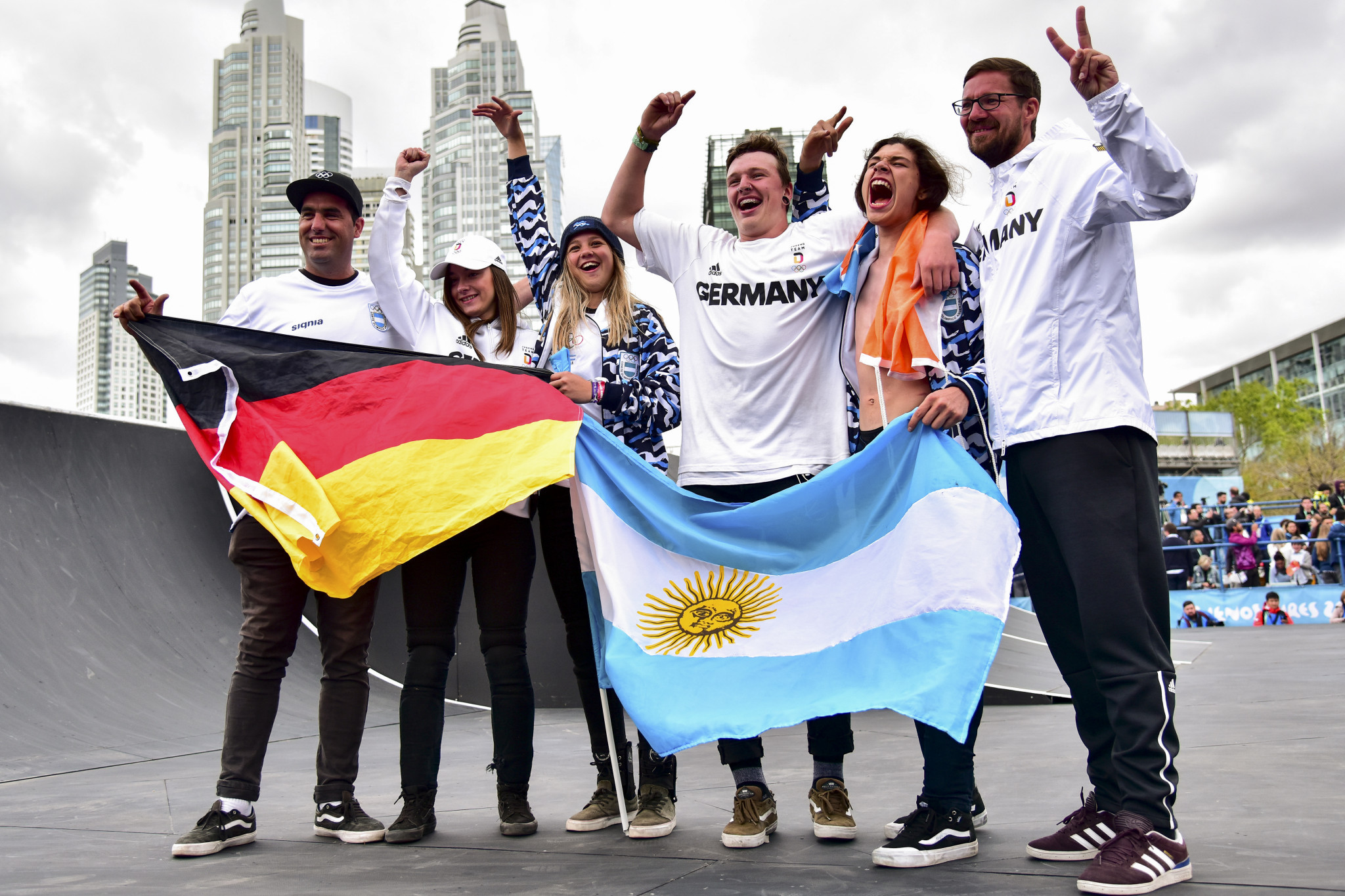 Argentina and Germany celebrate after the BMX freestyle finals ©Getty Images