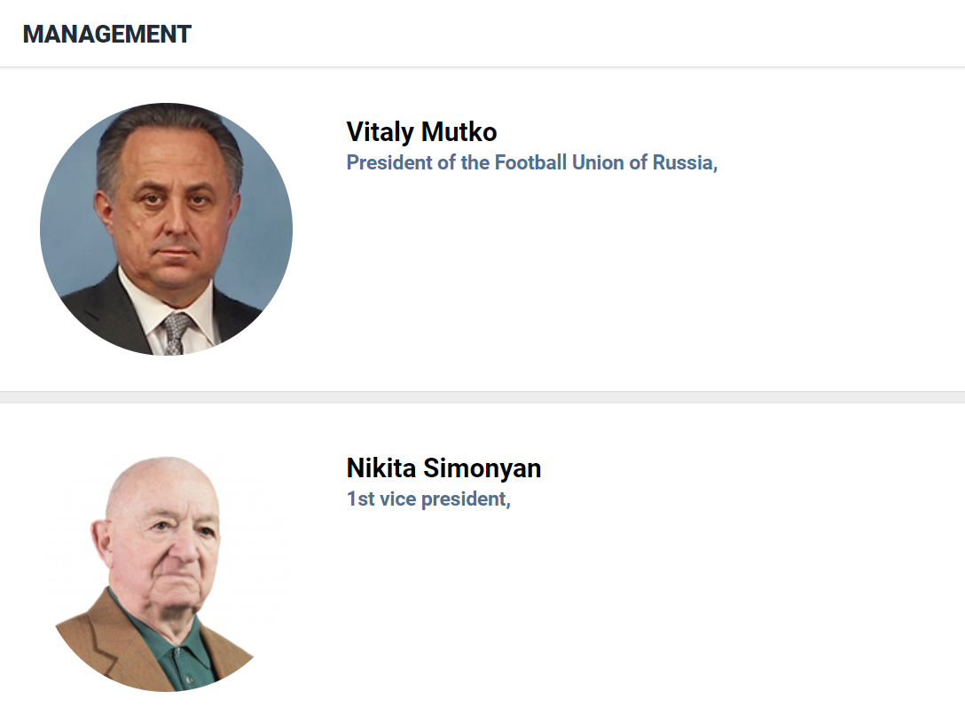 Vitaly Mutko is listed as the Russian Football Union's President on the national governing body's website ©RFU