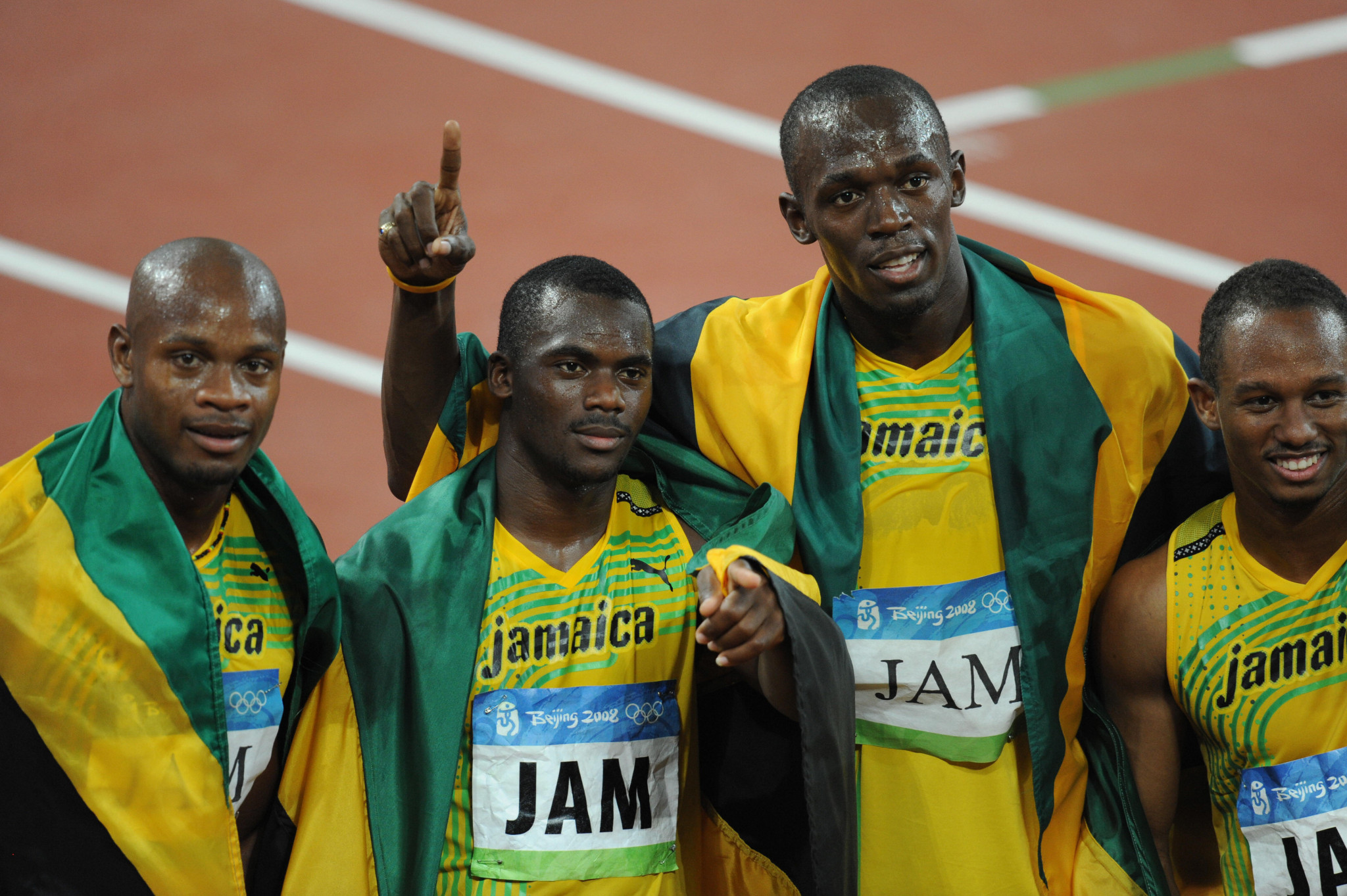 Nesta Carter, second left, was disqualified by the IOC after a retest showed a positive test for banned stimulant 4-methylhexan-2-amin, leading to Jamaica being stripped of the Olympic 4x100m gold medal from Beijing 2008 ©Getty Images