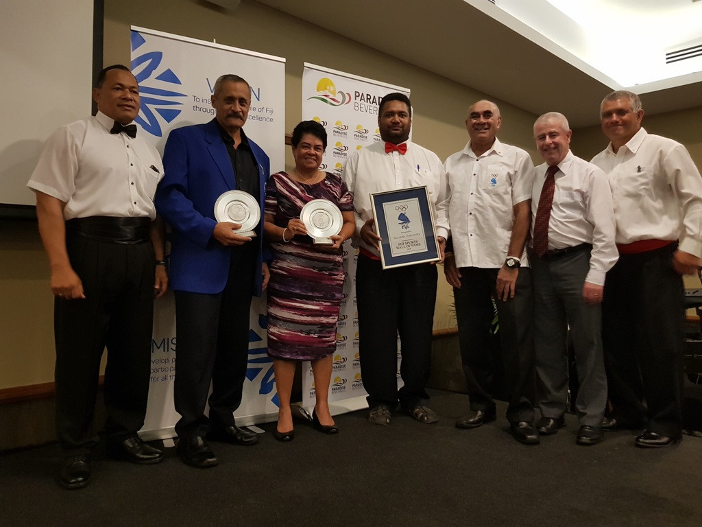 Guest speaker Kosi Latu, Fiji Olympic Order recipients Eddie McCaig and Susan Yee, Hall of Fame inductee Nacanieli Takayawa, FASANOC President Joseph Rodan and event supporters Kevin McCarthy and Terence Erasito at the FASANOC Hall of Fame event ©FASANOC