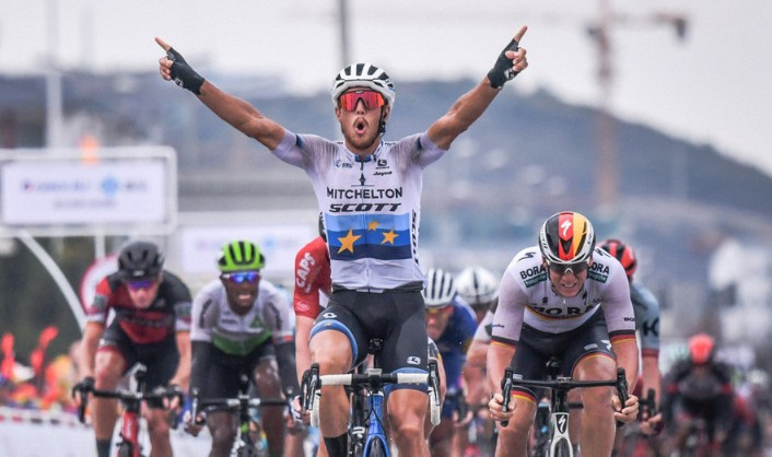 Matteo Trentin of Italy celebrates winning the fifth stage of the International Cycling Union Tour of Guangxi in China ©Tour of Guangxi