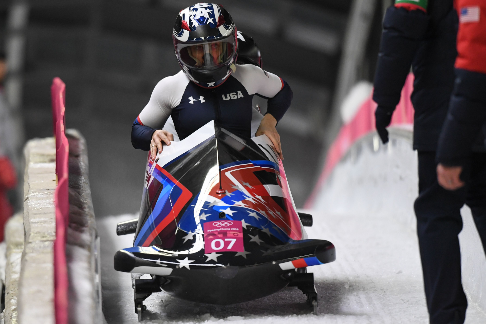 Amercian bobsleigh pilot Jamie Greubel Poser competes at the 2018 Pyeongchang Winter Olympic Games ©Getty Images