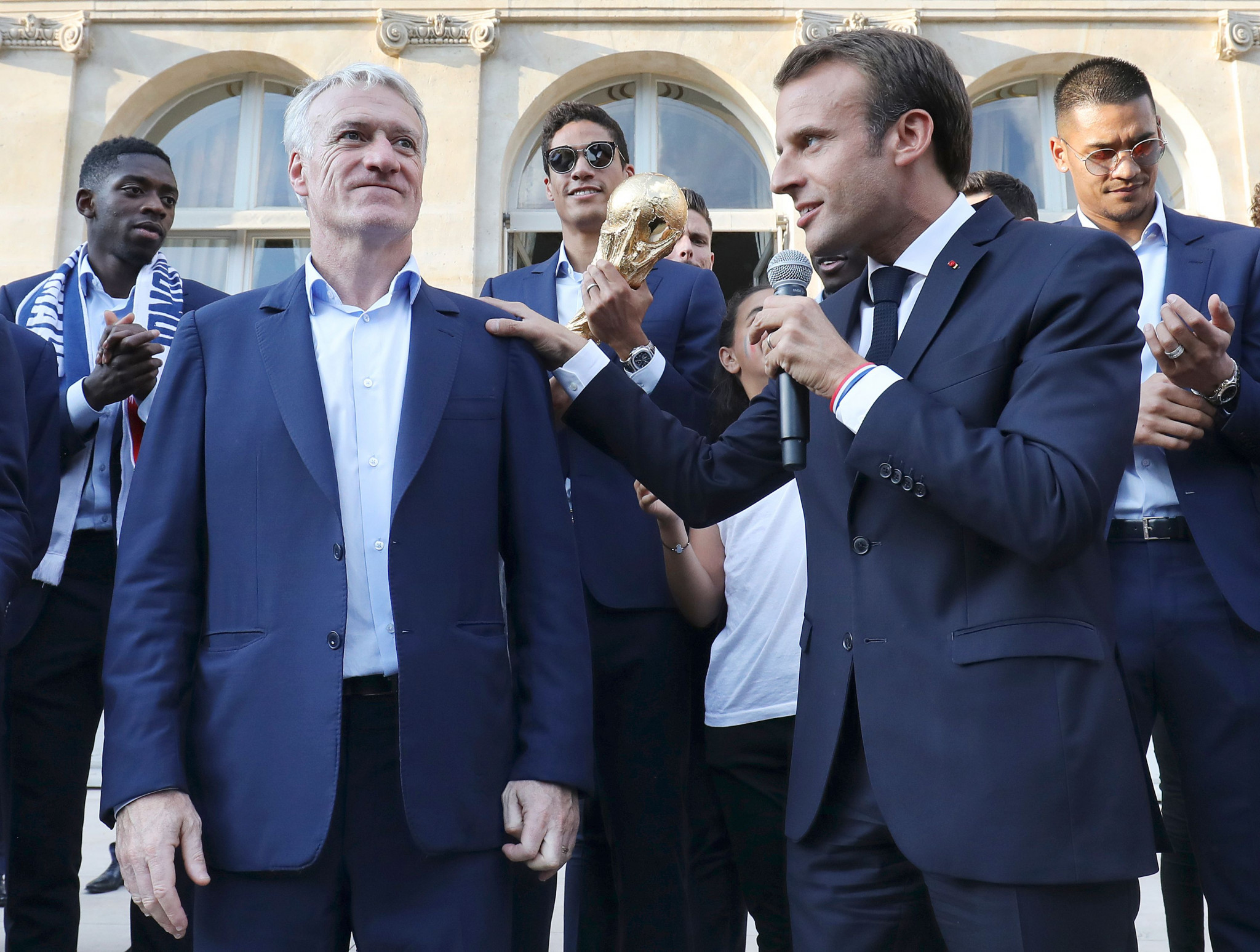 France's World Cup-winning player and manager Didier Deschamps, pictured here with French President Emmanuel Macron, received the first-ever SPORTEL Lifetime Sport Achievement Award ©Getty Images
