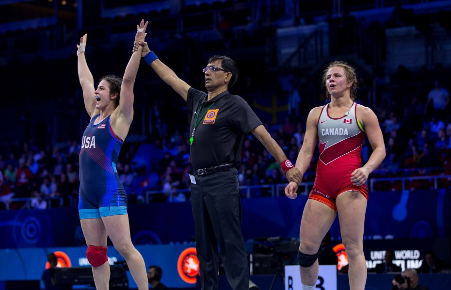 Adeline Gray from the United States, left, a three time World Champion, will wrestle for gold again tomorrow after making the 76kg final ©UWW