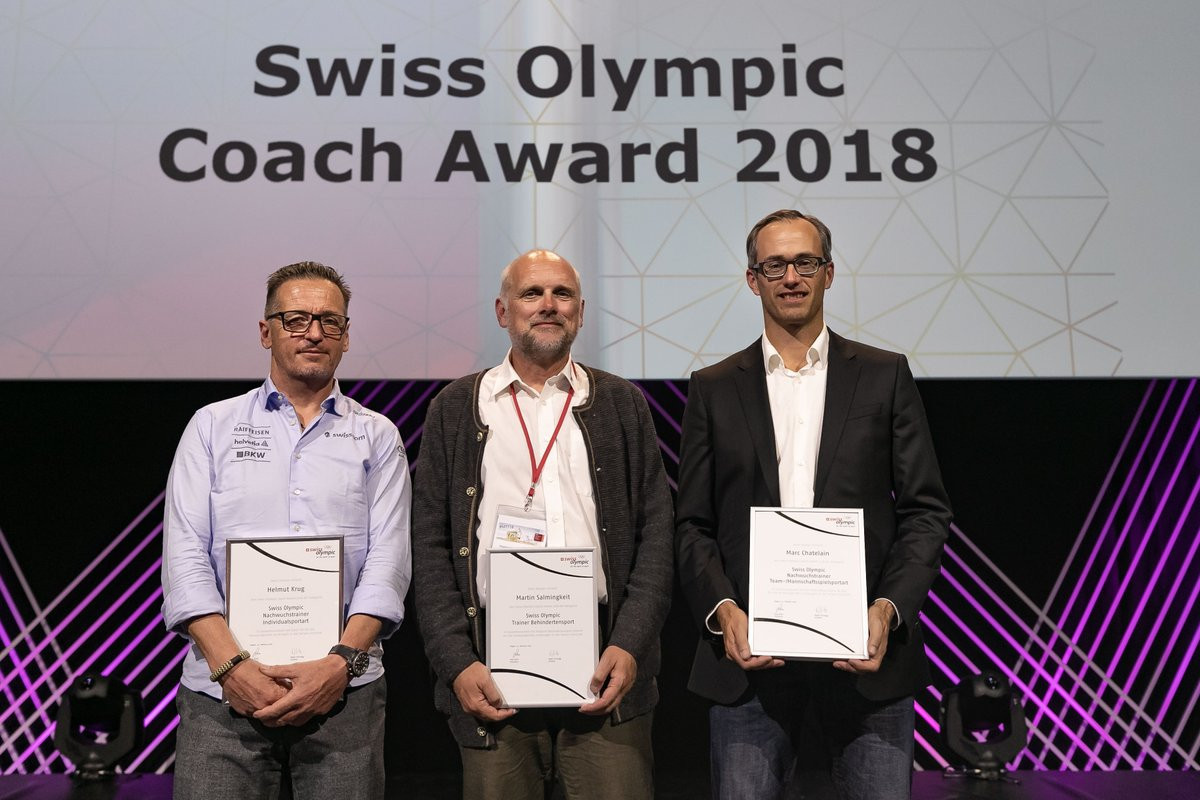 Helmut Krug, Marc Chatelain and Martin Salmingkeit received the Swiss Olympic Coach Award 2018 for their work with Swiss athletes ©Swiss Olympic Team