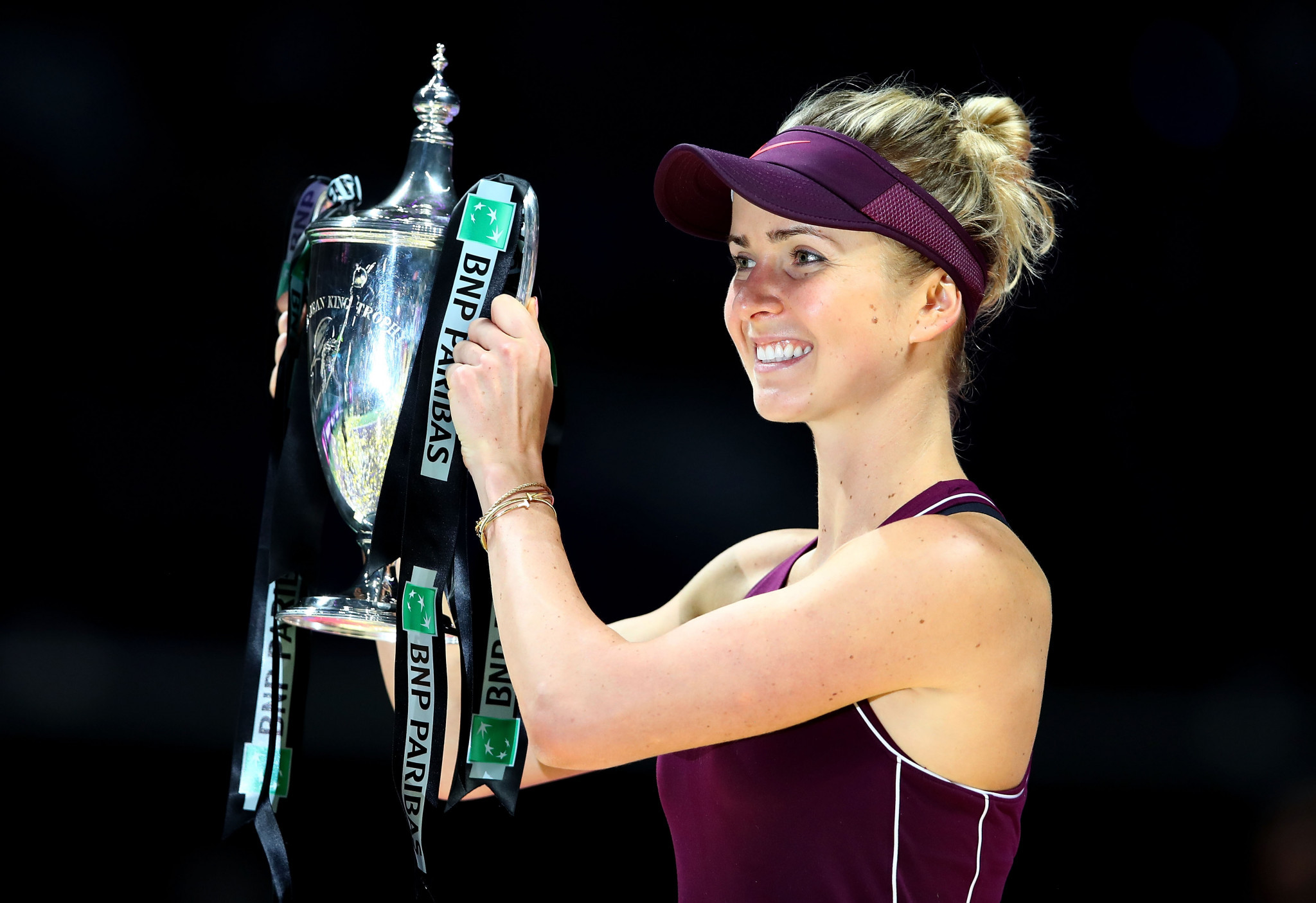 Elina Svitolina of Ukraine celebrates winning the WTA Finals in Singapore after defeating Sloane Stephens in the final ©Getty Images 