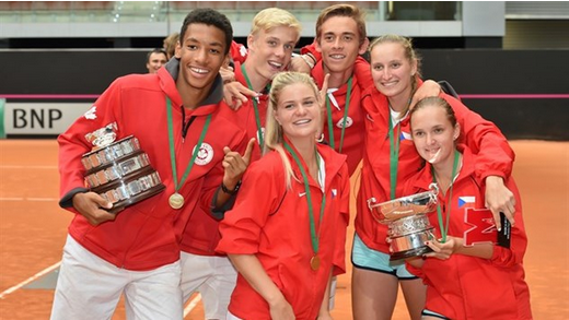 The Canadian and Czech teams celebrate their respective triumphs in the Junior Davis Cup and Junior Fed Cup ©ITF/Martin Sidorjak
