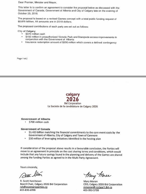 Calgary 2026 has distributed a letter confirming the signing of the agreement ©Calgary 2026