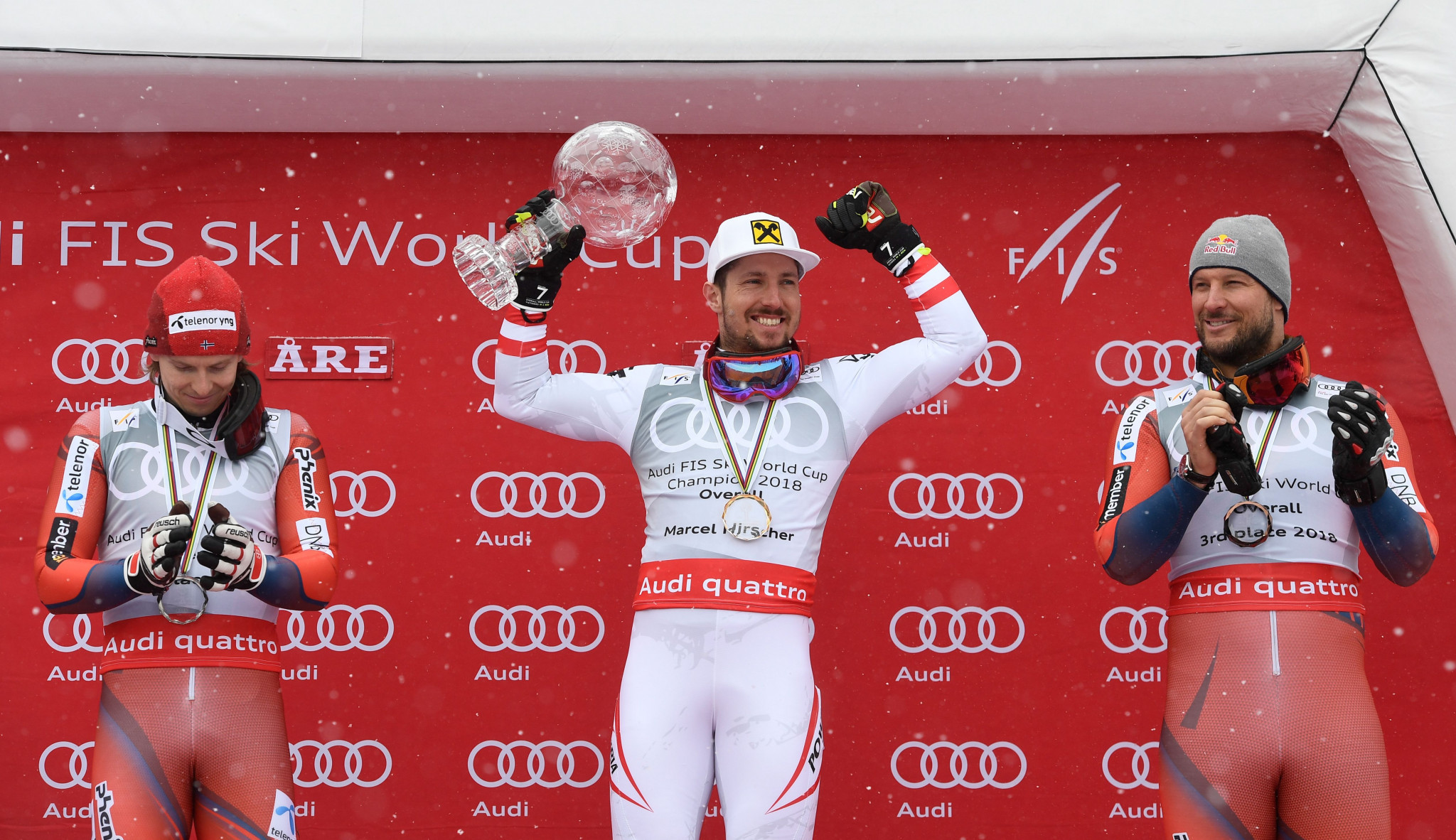 Marcel Hirscher of Austria celebrates winning his seventh consecutive Alpine Ski World Cup ©Getty Images