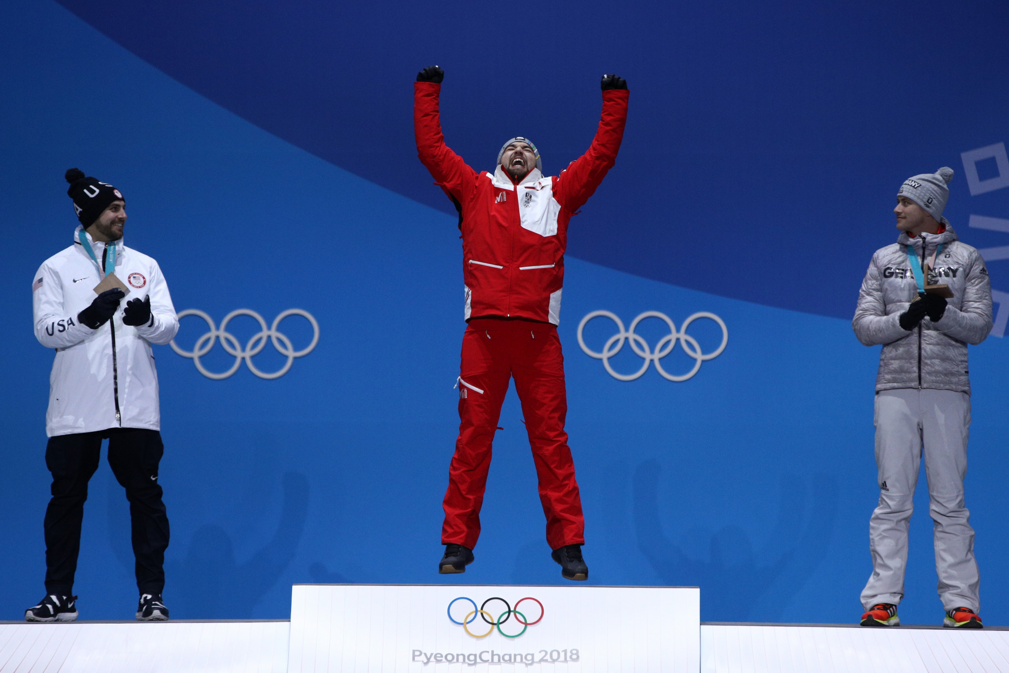 David Gleirscher celebrates winning the men's luge event at the 2018 Pyeongchang Winter Olympics ©Getty Images