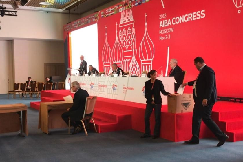 Delegates cast their votes for the AIBA Presidential election in a cardboard box after the electronic system was abandoned ©AIBA