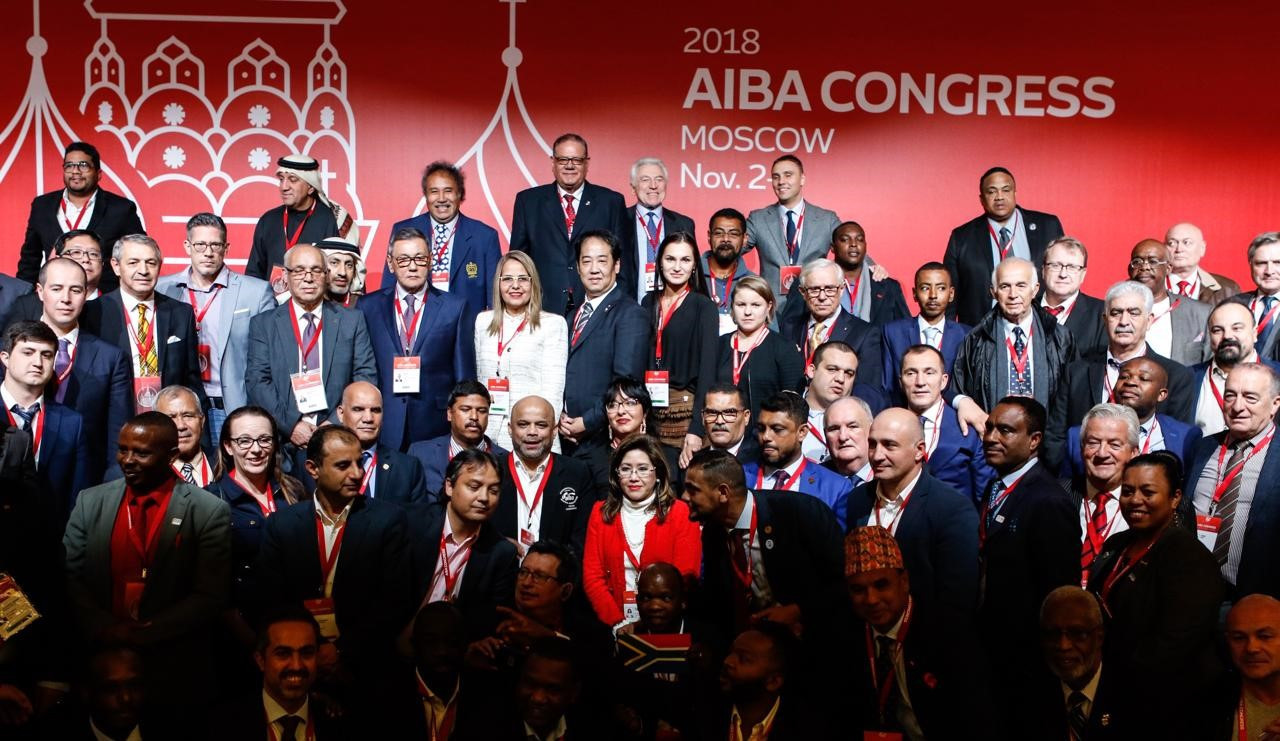 Delegates pose for a group photograph with newly-elected AIBA President Gafur Rakhimov at the end of the Congress ©AIBA
