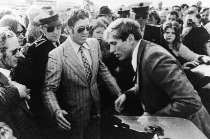 Bobby Fischer, chess genius, arrives for the third game in his 