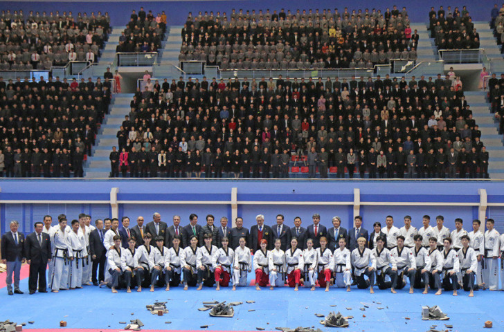 Delegations and demonstration athletes line up during the latest joint World Taekwondo and International Taekwondo Federation showcase in Pyongyang ©WT