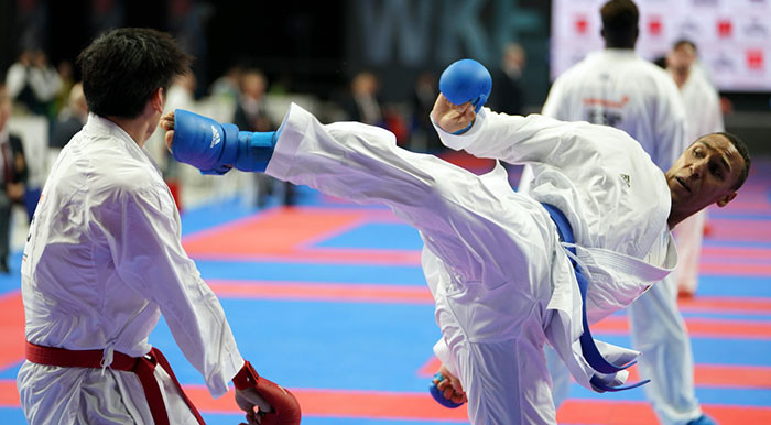 Germany's Jonathan Horne, right, reached the men's over-84kg final in style ©WKF