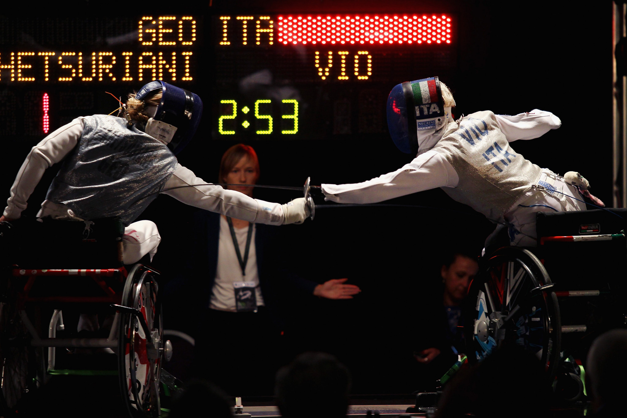 Georgia's first female wheelchair fencer and world champion Irma Khetsuriani, left, is due to compete in the sabre category B at the IWAS Wheelchair Fencing World Cup in Tbilisi ©Getty Images