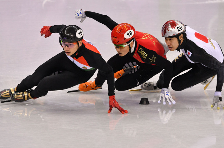 Hungary's Sandor Liu Shaolin, left, was a men's 1,000m heat winner on the opening day of the ISU Short Track World Cup in Salt Lake City ©Getty Images  